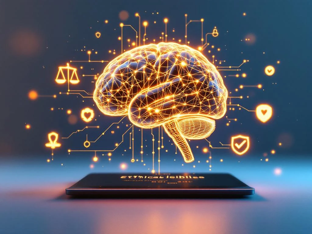Gloeiende digitale hersenen met gouden ethische richtlijnen boven laptop met code, omringd door holografische AI-pictogrammen