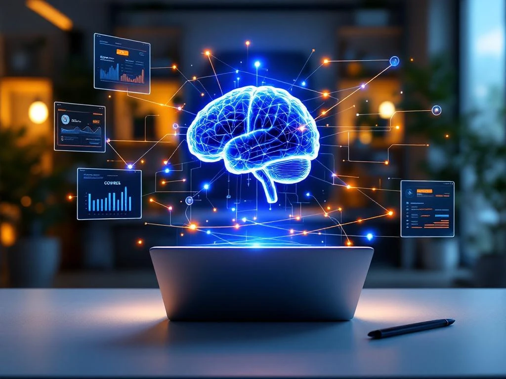 Holografische AI-hersenen boven laptop in modern kantoor met digitale leerpaden en cursusmodules in blauw en oranje