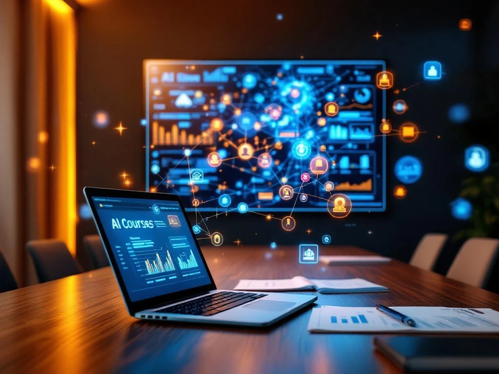 Moderne vergaderruimte met AI neurale netwerkpatronen op digitaal scherm en laptop met cursusmodules op houten tafel