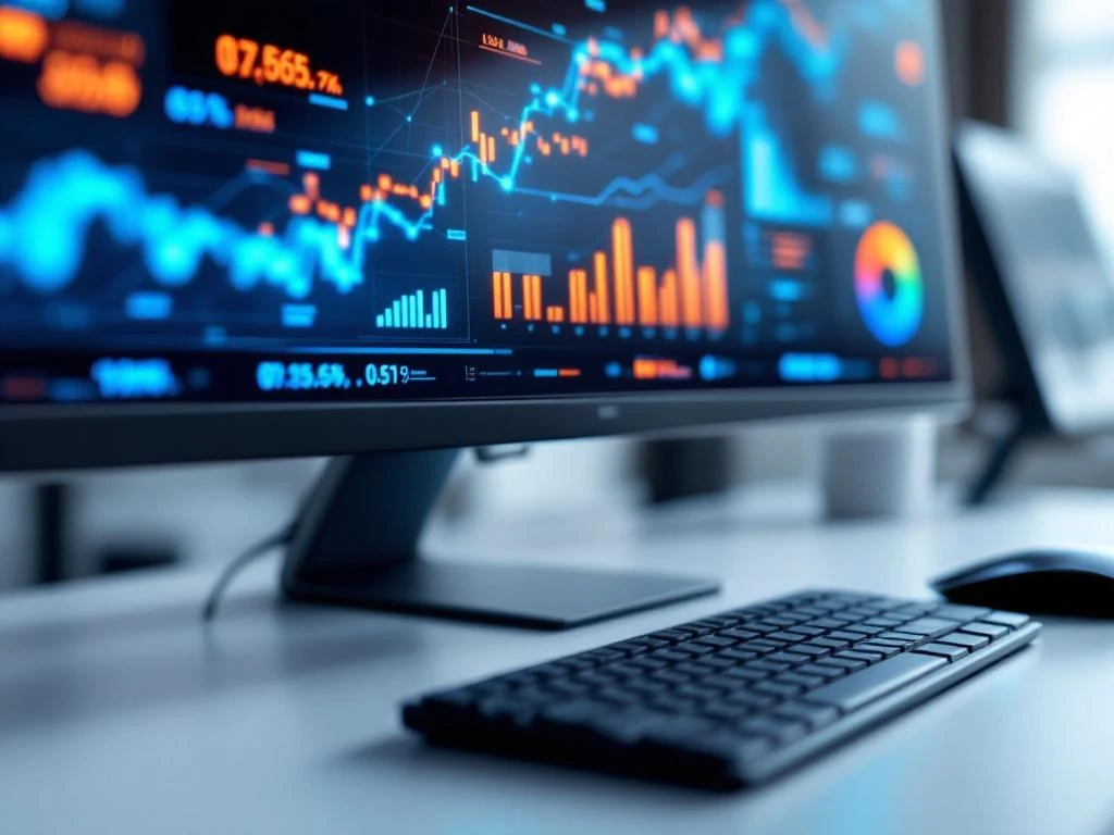 Digitaal dashboard met kleurrijke AI-analytics grafieken en datavisualisaties op computermonitor met toetsenbord op bureau