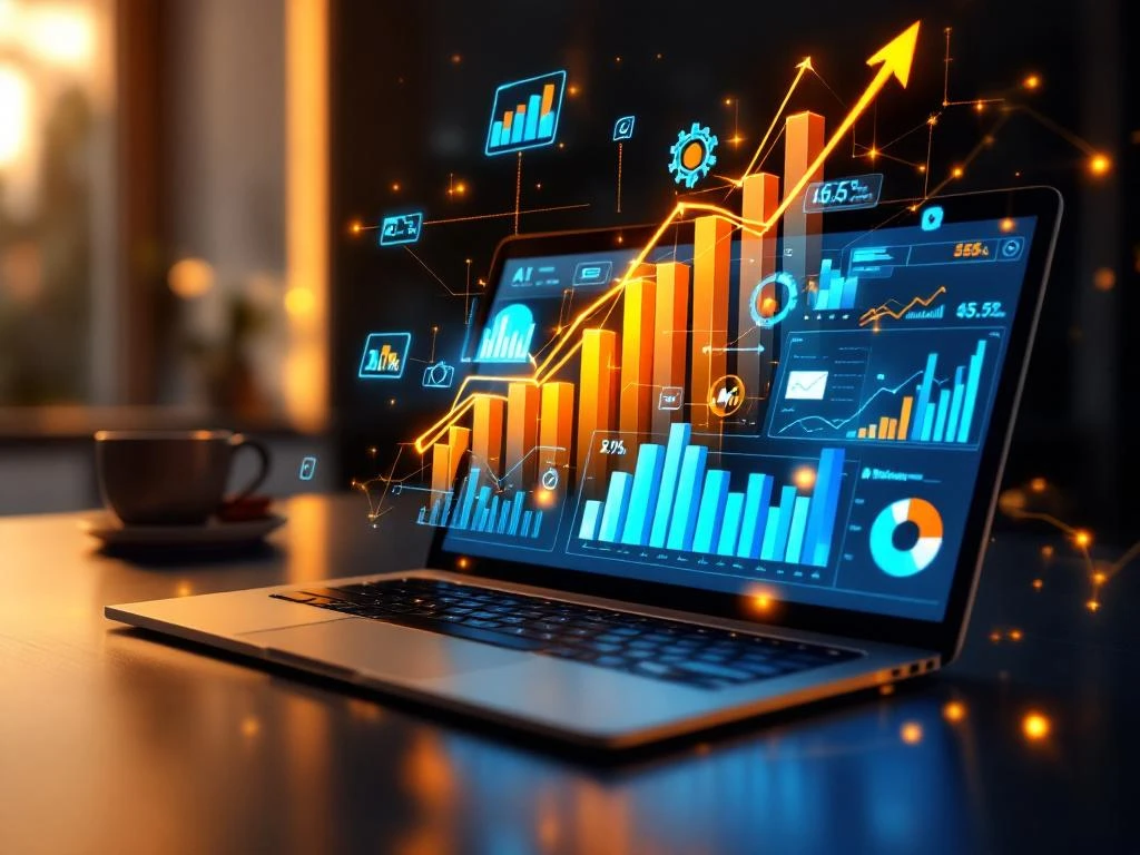 Moderne laptop toont AI-analytics dashboards met 3D holografische grafieken die boven bureau zweven in professioneel kantoor