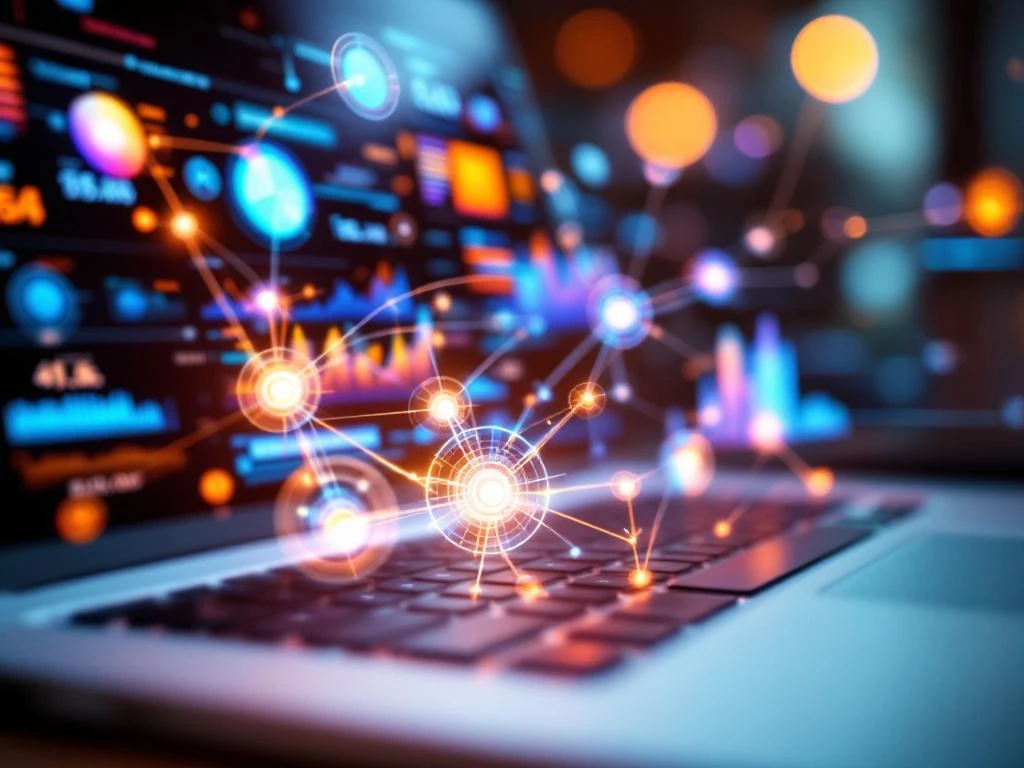 Laptop toont kleurrijke analytics dashboards met AI-netwerk visualisaties en holografische grafieken in moderne kantooromgeving