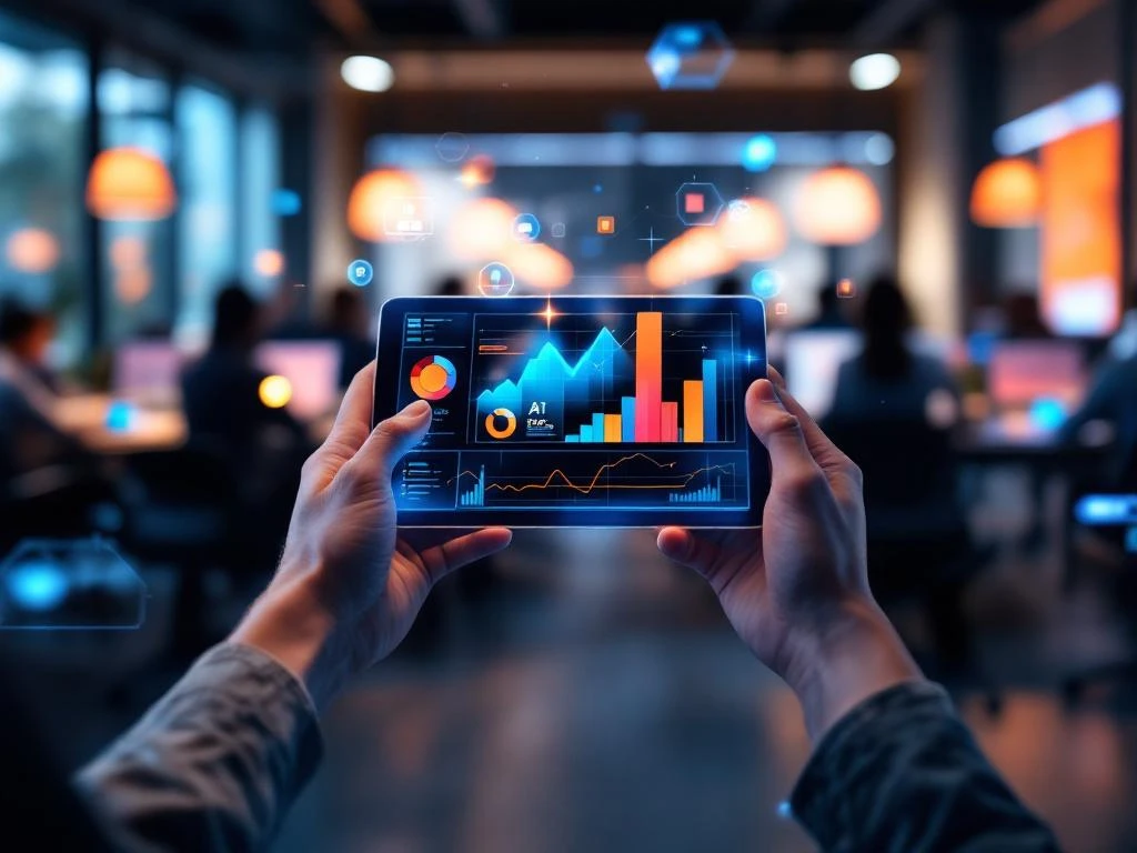 Handen houden tablet met kleurrijke data-analyse grafieken en AI-iconen in moderne bedrijfstrainingsruimte