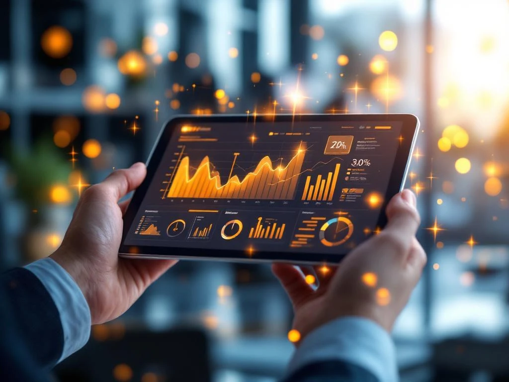 Handen houden tablet met verlichte AI-analyses en grafieken in moderne kantooromgeving met holografische datapunten