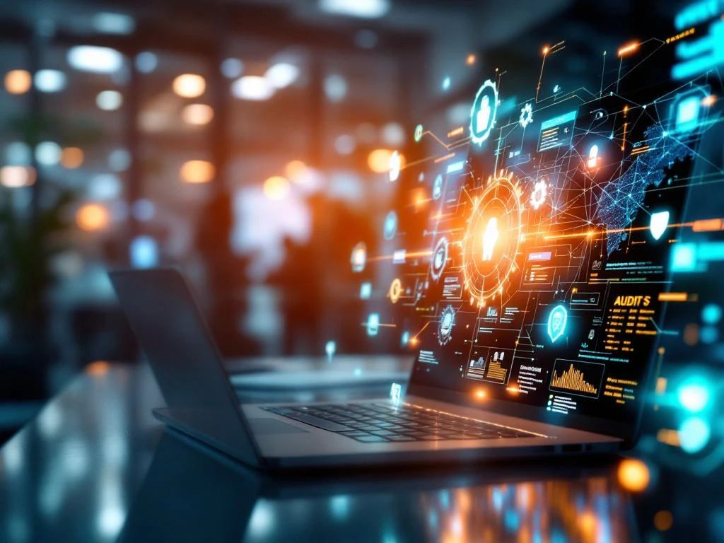 Moderne kantooromgeving met laptop die AI-auditchecklist toont en digitaal scherm met neurale netwerkpatronen