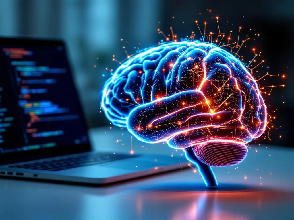 Hersenen van gloeiende circuits met oranje stresssignalen naast laptop met AI-code op wit bureau