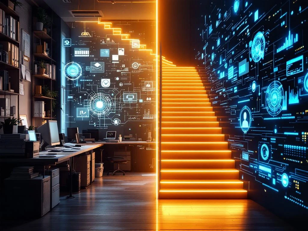 Split-screen kantoorruimte toont transformatie van traditioneel werk naar AI-technologie via gouden trap