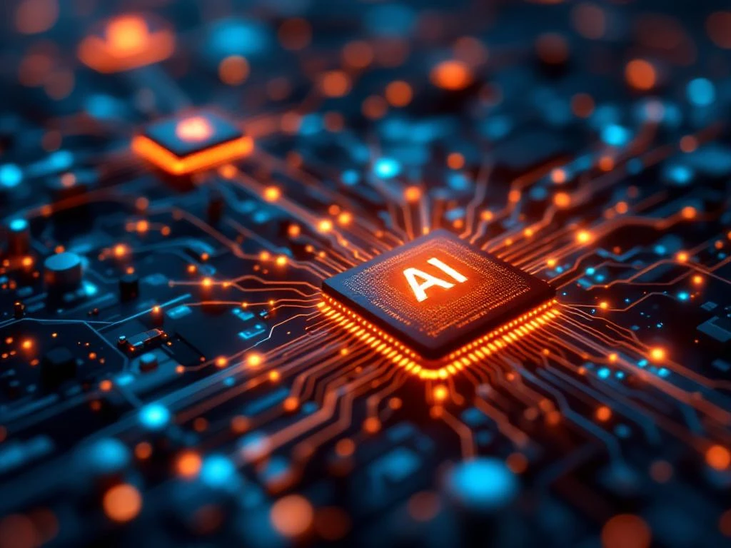 Verlichte AI-chip in centrum van verbonden digitaal leernetwerk met datapaden en educatieve modules in blauw-oranje licht