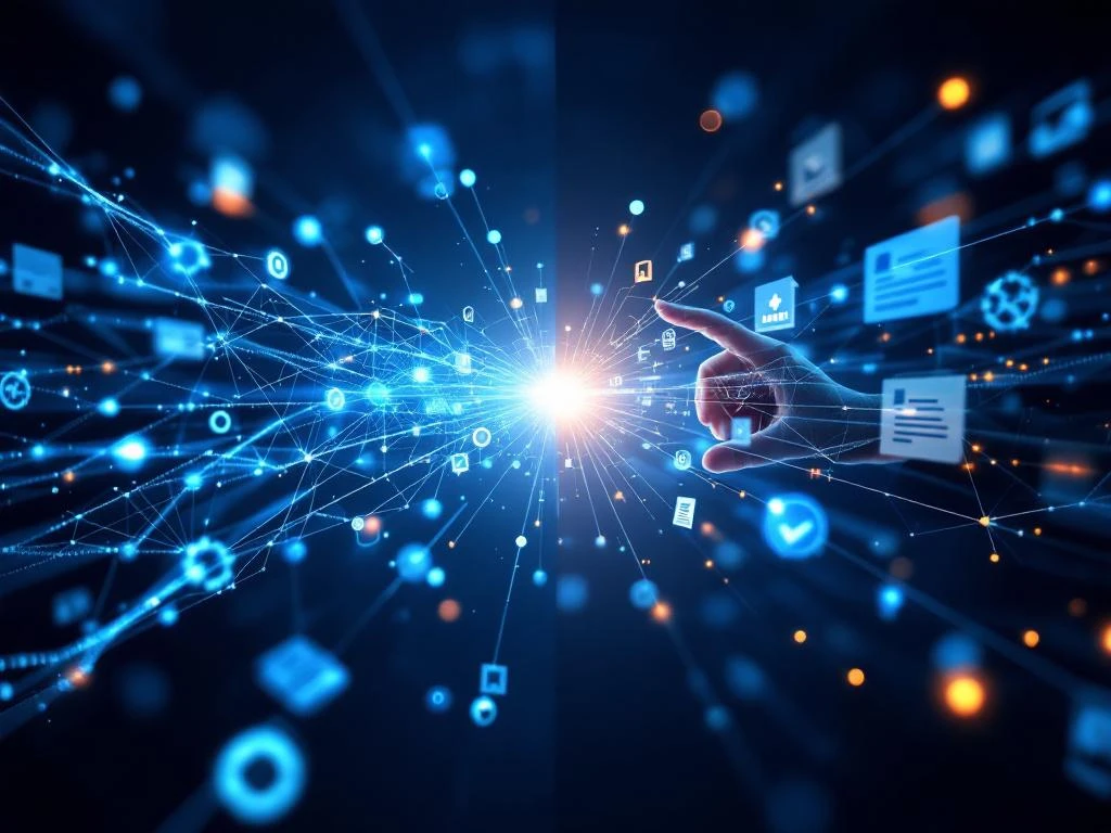 Split-screen van AI-neuraalnetwerk met blauwe knooppunten en traditionele compliance-documenten die samensmelten in het centrum