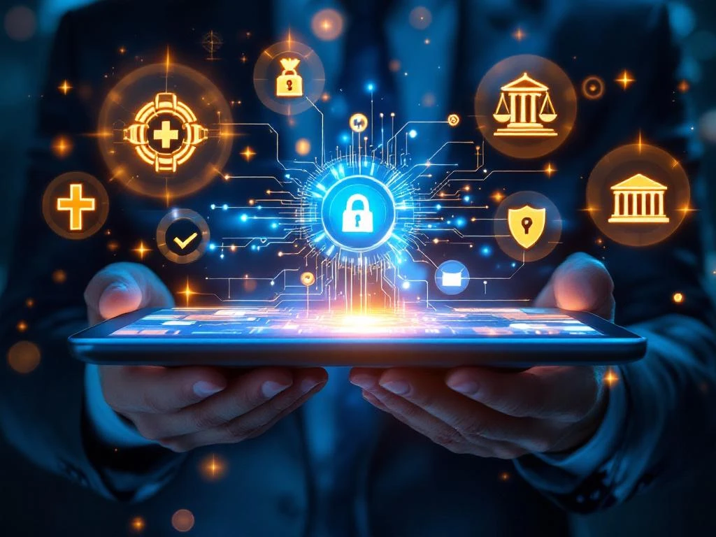 Digitale tablet met AI-circuits en holografische pictogrammen voor medische, juridische en financiële sectoren