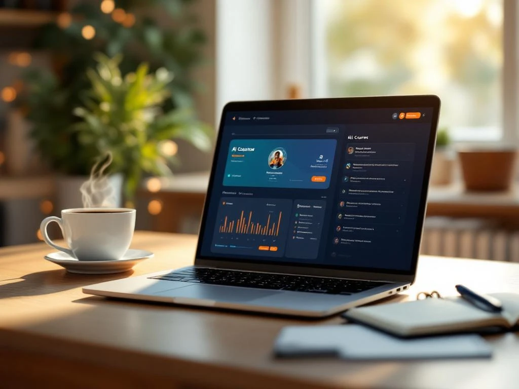 Laptop met AI-cursusinterface op houten bureau, omringd door koffiekopje, notitieboek en natuurlijk licht