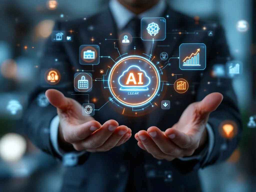 Handen selecteren AI-cursusmodules met digitale iconen en certificeringsbadges in professionele trainingsomgeving