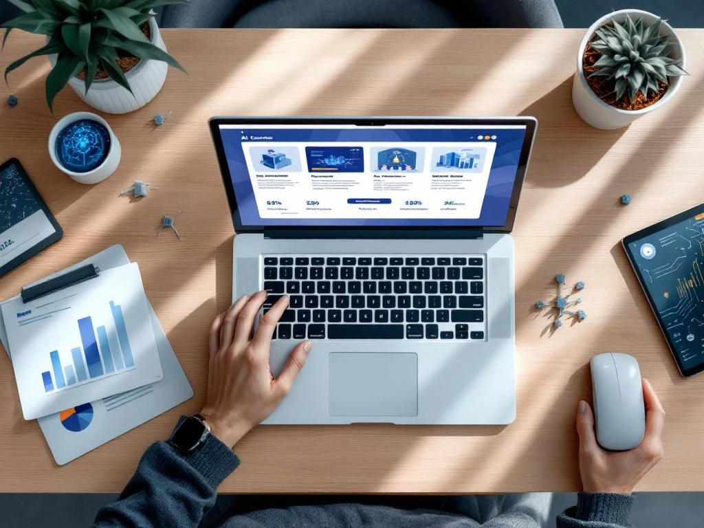 Laptop met AI-cursusinterface op houten bureau, omringd door certificaten en tablet met leeranalytics in blauw-wit design