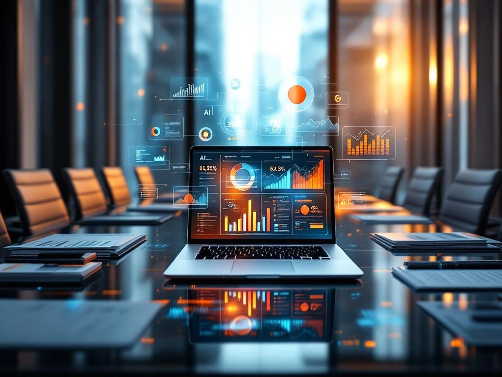Laptop met AI-datavisualisaties en holografische grafieken op glazen vergadertafel in moderne boardroom