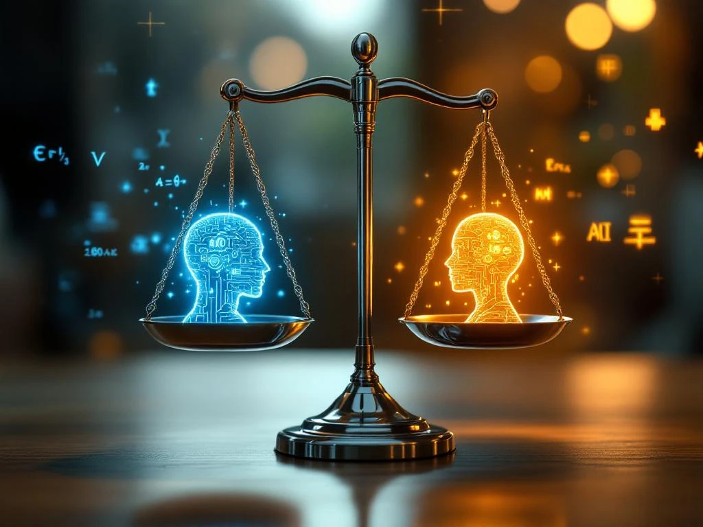 Chromen weegschaal op houten bureau met blauwe AI-circuits en gouden menselijke silhouetten, symboliseert AI-eerlijkheid