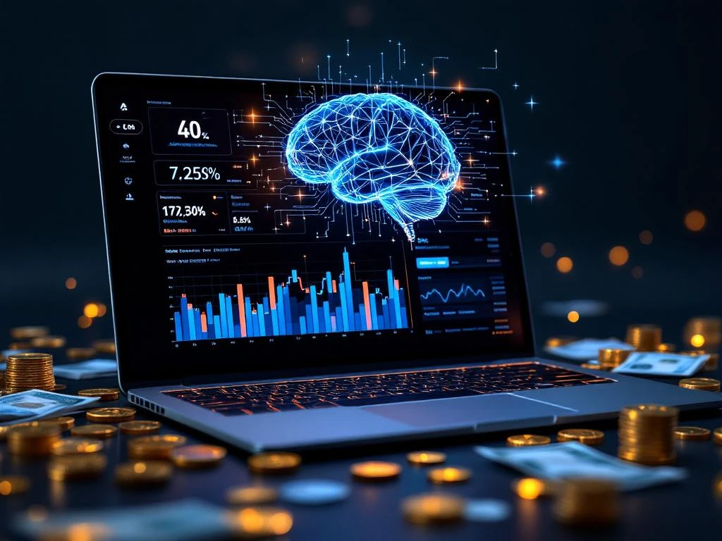 Moderne laptop met financiële grafieken en AI-visualisaties, omringd door gouden munten en holografische circuits