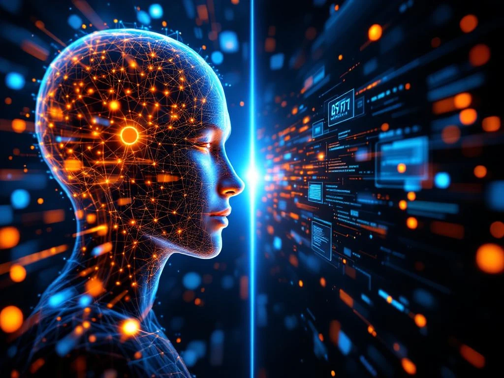 AI-hersennetwerk met gloeiende neurale paden verbonden met moderne leerplatform interface via blauwe en oranje datastromen