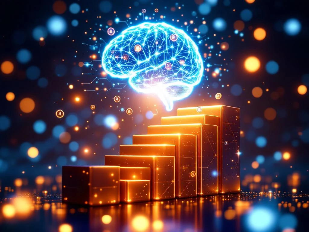 AI-hersencircuits transformeren tot leertrappen met zwevende vaardigheidspictogrammen in blauw-oranje verlichting