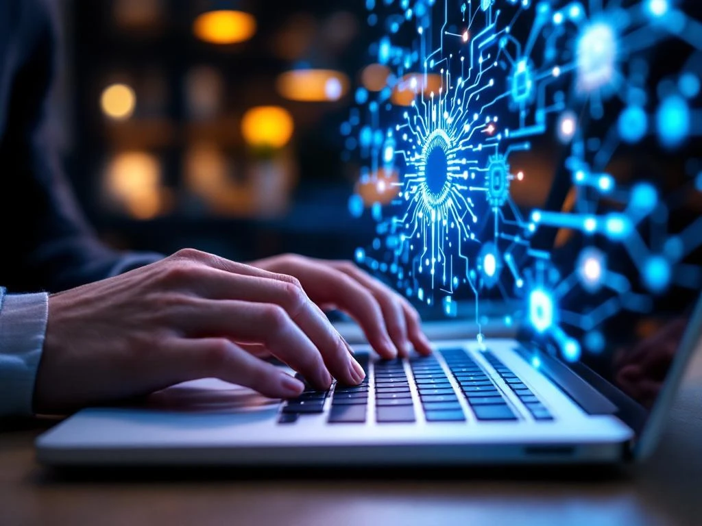 Handen typen op laptop met holografische AI-netwerken en blauwe lichtstralen die digitale transformatie symboliseren
