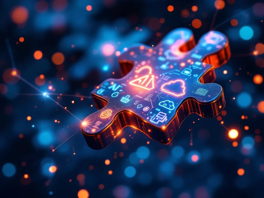 Zwevende digitale puzzelstukjes met AI-symbolen in blauw en oranje die met lichtstralen verbinden tegen verloop