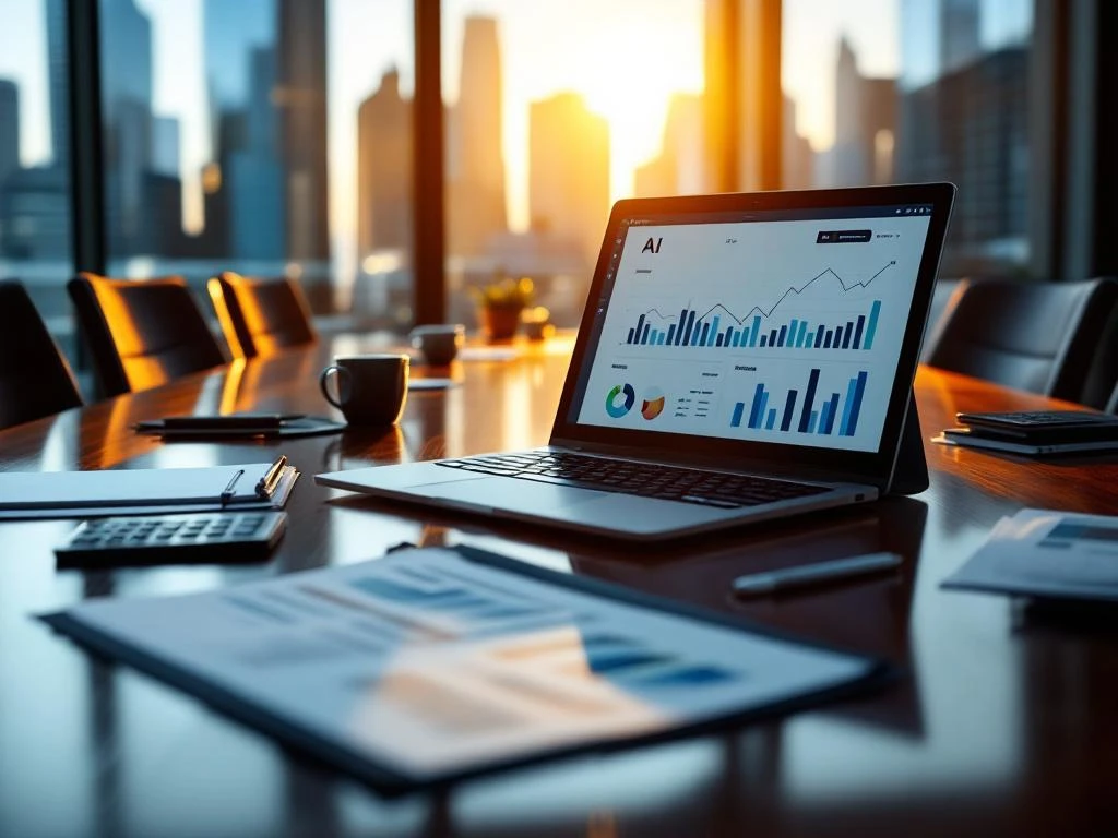 Bestuurskamer met laptop met AI-grafieken, documenten en calculator op mahonie tafel bij raam met stadszicht