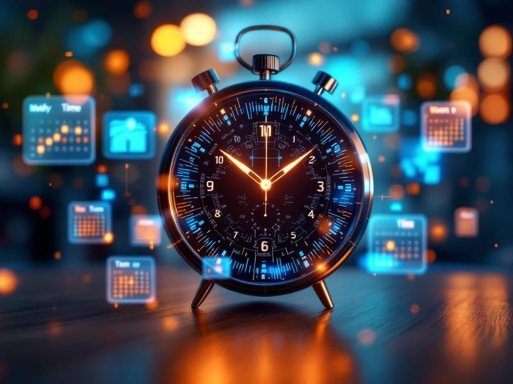 Moderne klok met AI-circuitpatronen omringd door holografische weekkalenders op houten bureau met blauwe en oranje verlichting