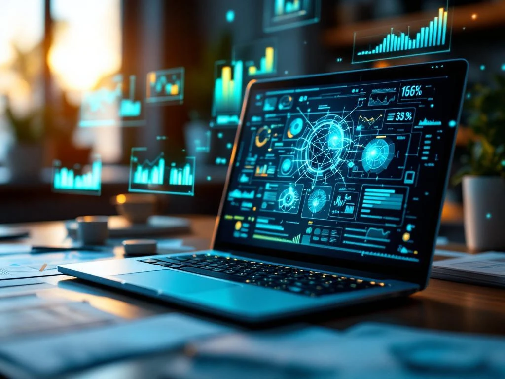 Laptop met AI neurale netwerk visualisaties op scherm, omgeven door holografische datagrafieken en onderzoekspapers