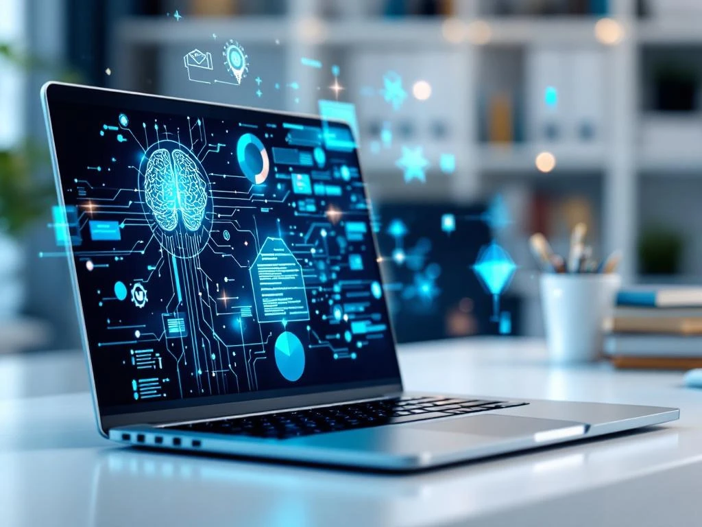 Moderne laptop met gloeiende AI neurale netwerkpatronen op scherm en holografische data-elementen op wit bureau