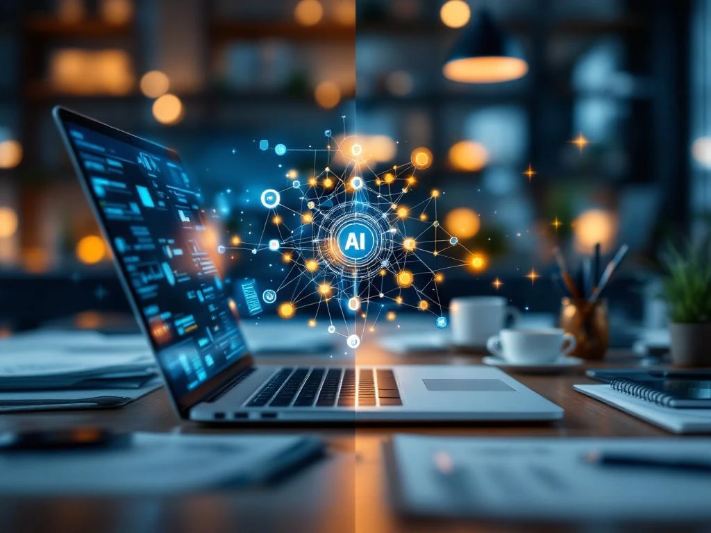 Laptop met AI-interface verbonden door digitale lijnen met kantoorbenodigdheden zoals documenten en koffiekop