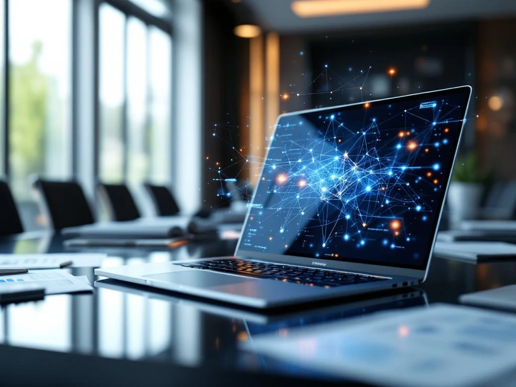 Laptop met AI neurale netwerk visualisaties en holografische data op conferentietafel in moderne boardroom