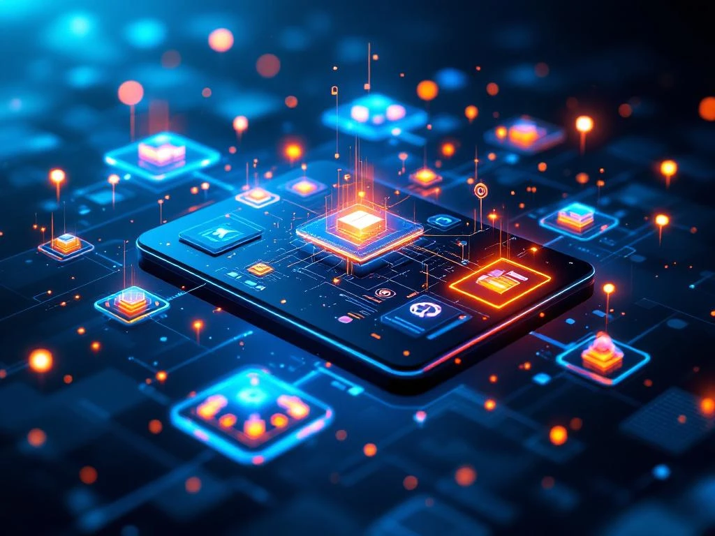 Centrale leerplatform dashboard met AI-cursusmodules in digitale ruimte, holografische schermen en blauwe gradiëntverlichting