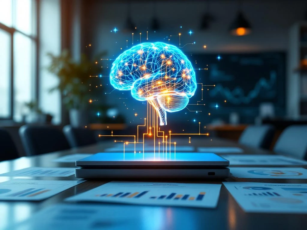 AI-brein hologram boven laptop op moderne vergadertafel met leiderschapsmaterialen in hedendaags kantoor