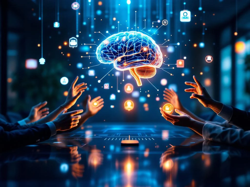 Holografische AI-hersenen boven vergadertafel met diverse handen die reiken naar zwevende digitale kennisknooppunten