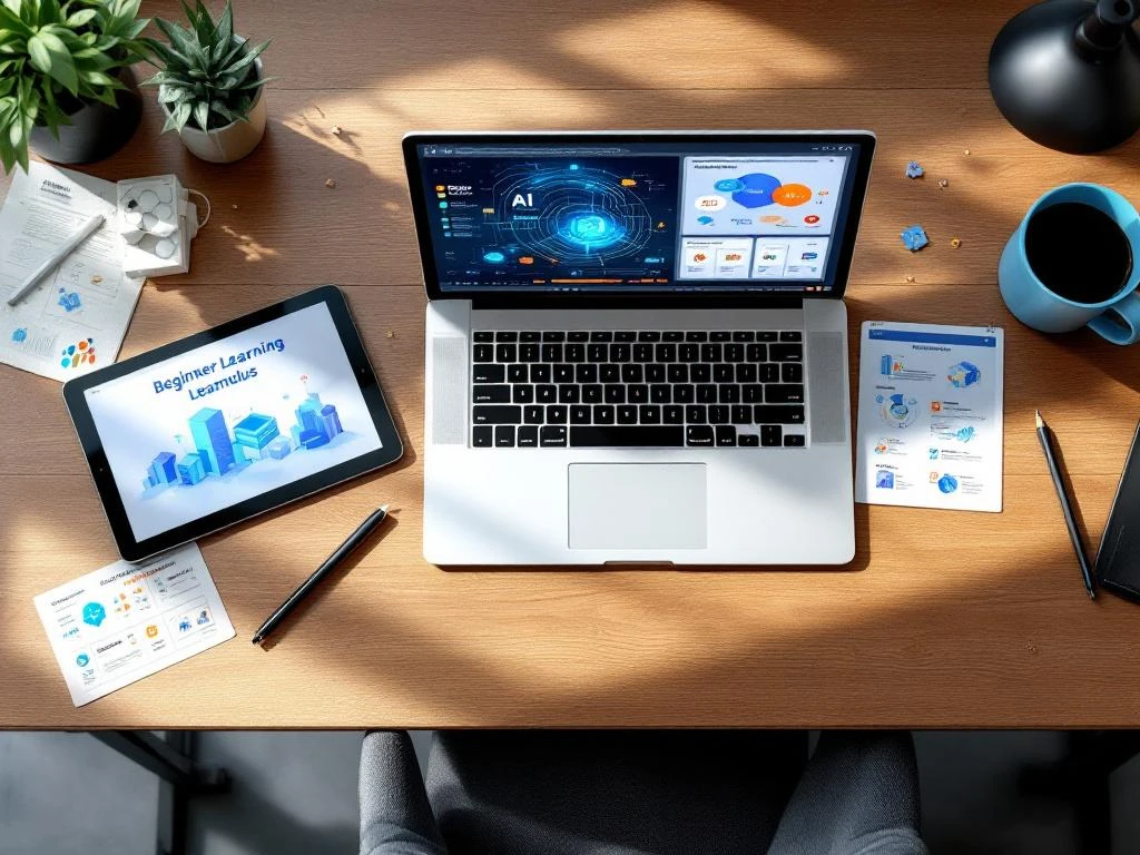 Moderne bureauopstelling met laptop die AI-interface en neurale netwerken toont, omringd door leermaterialen en tablet