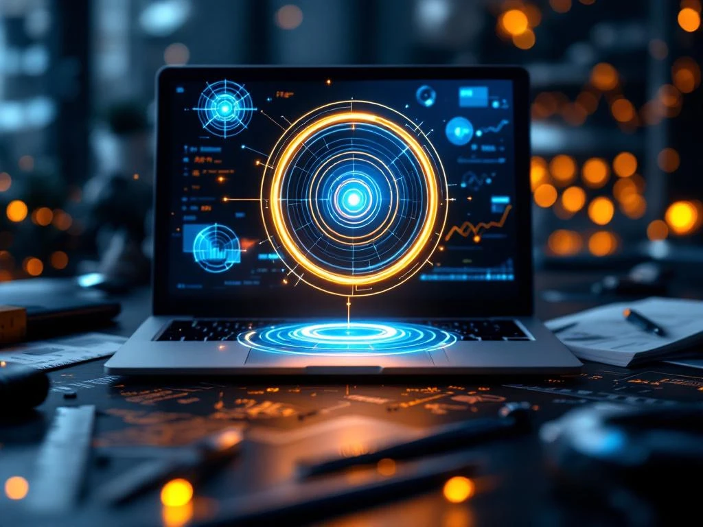 Digitaal doelwit met gloeiende cirkels boven laptop met AI-visualisaties, meetinstrumenten en wiskundige formules