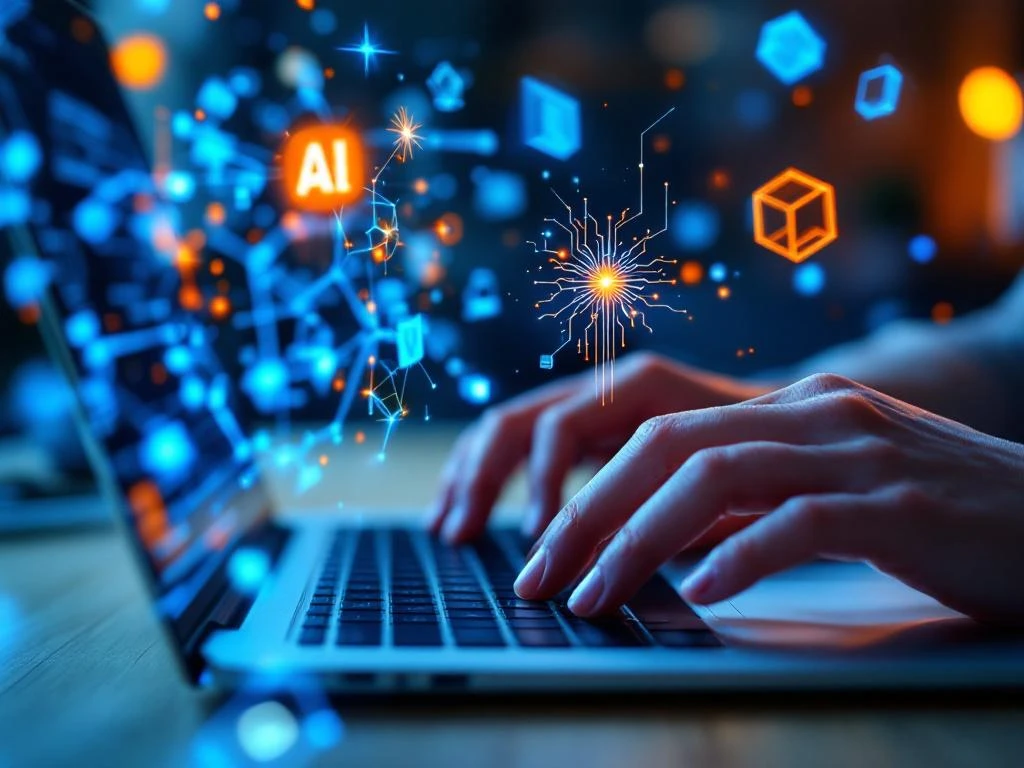 Handen typen op laptop met holografische AI-elementen, neurale netwerken en blauwe datastromen boven het scherm