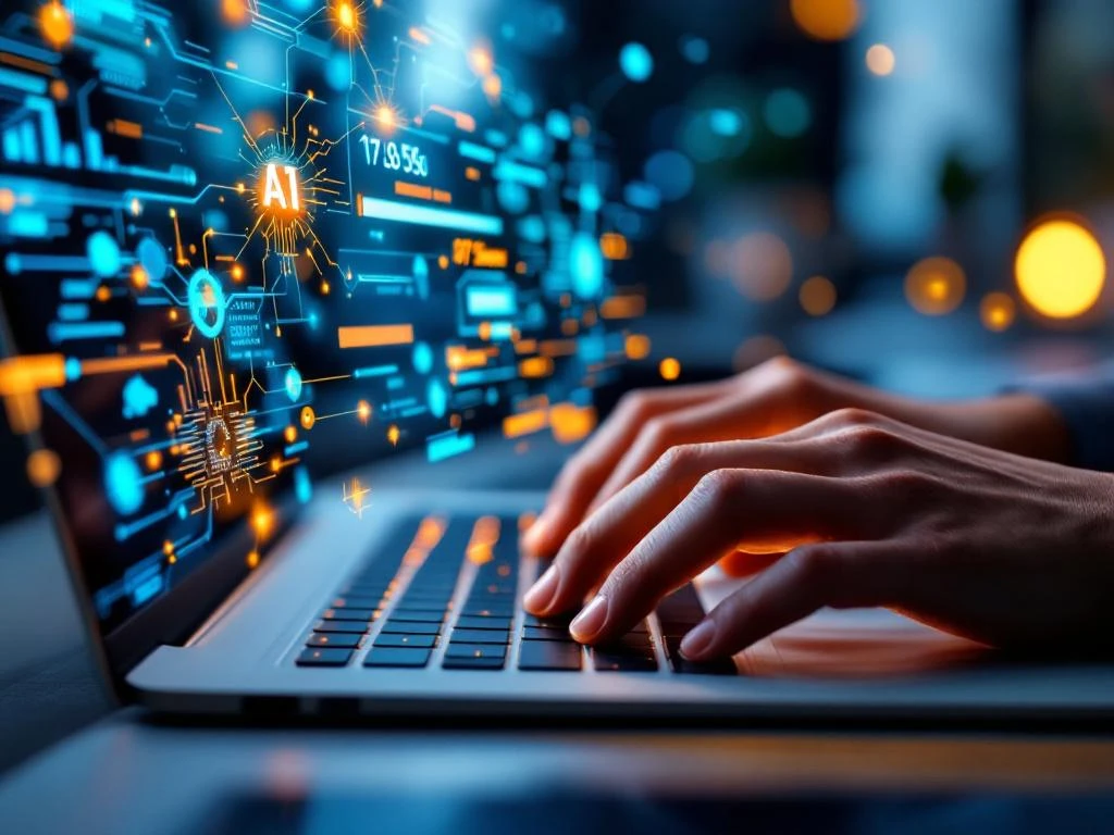 Handen typen op laptop met holografische AI-elementen en voortgangsbalk in modern kantoor met blauwe en oranje verlichting