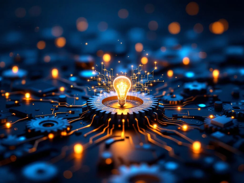 Gloeiende AI-netwerkknooppunten verbonden met boeken en gloeilampen via digitale tandwielen op blauwe achtergrond