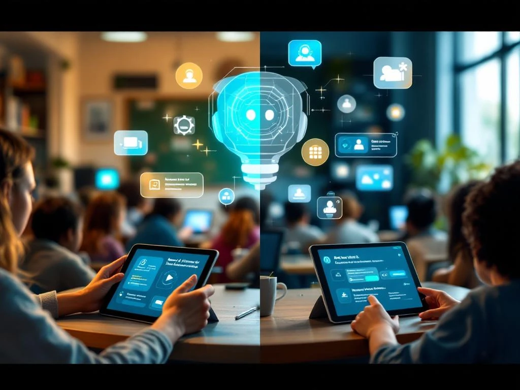 Split-screen vergelijking van traditioneel klaslokaal met verouderde computers versus moderne toegankelijke AI-leeromgeving