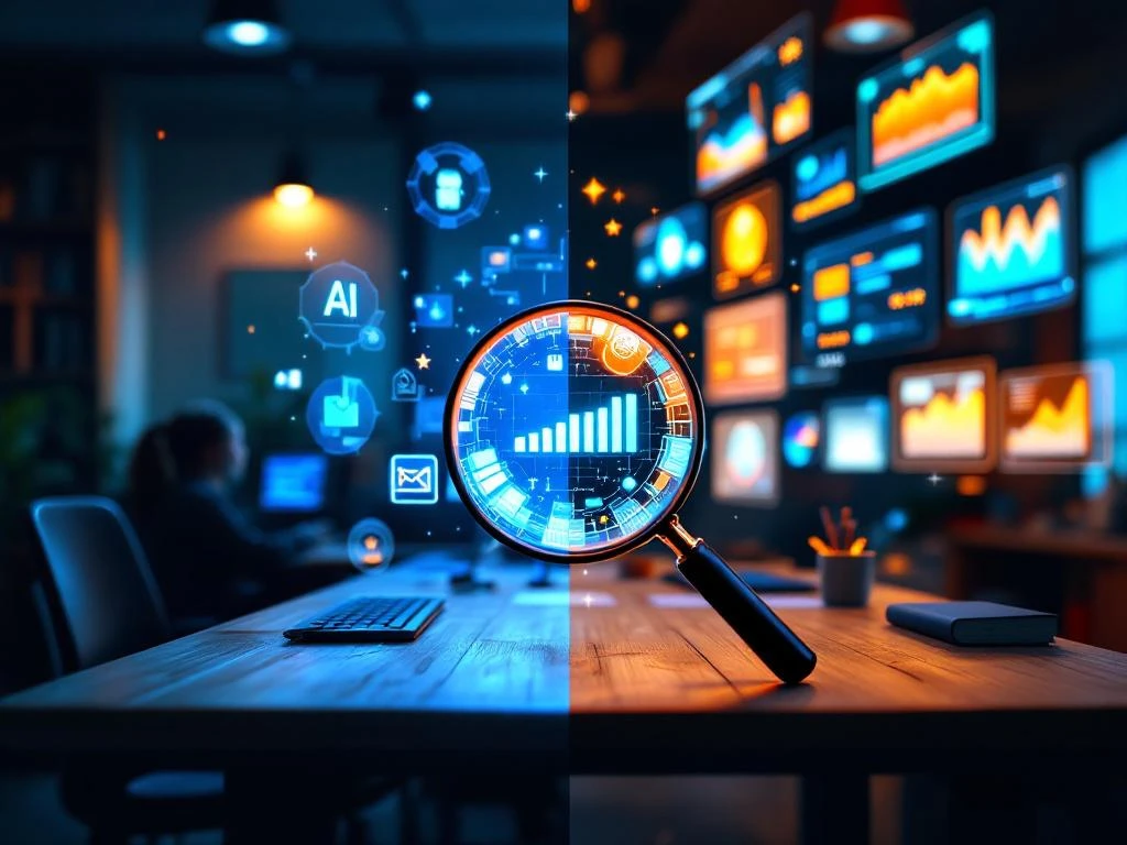 Split-screen vergelijking van traditioneel klaslokaal versus moderne digitale leeromgeving met AI-interfaces en data-dashboards