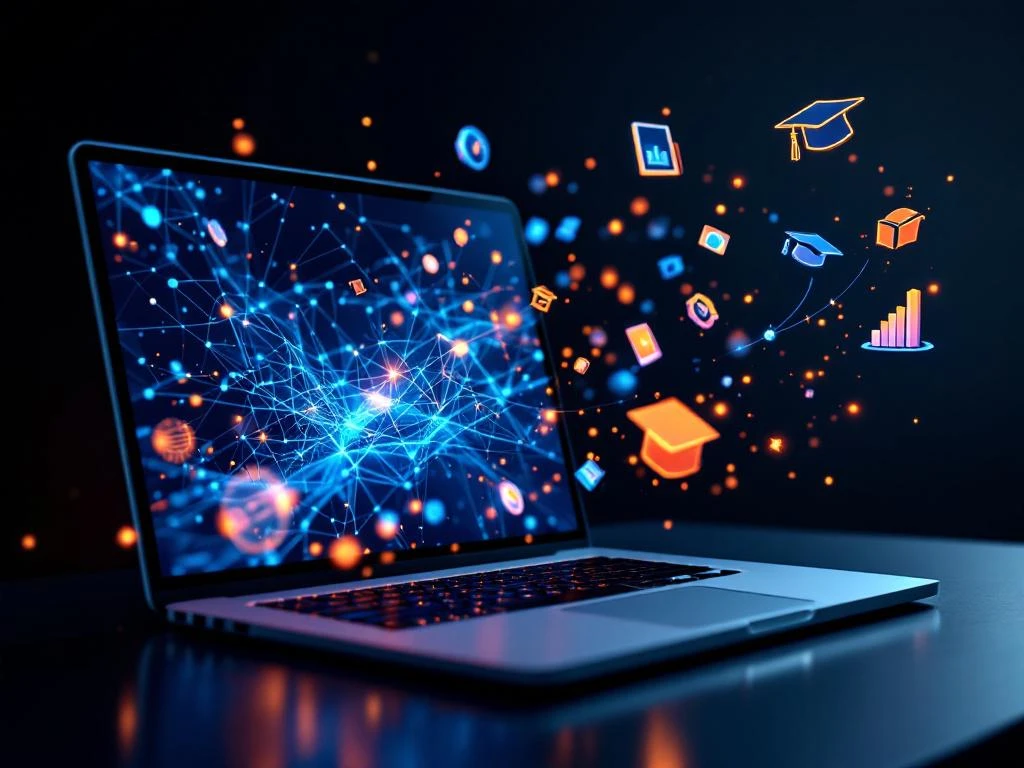 Laptop toont gloeiend AI neuraal netwerk met blauwe en oranje verbindingen, omringd door zwevende leeripictogrammen