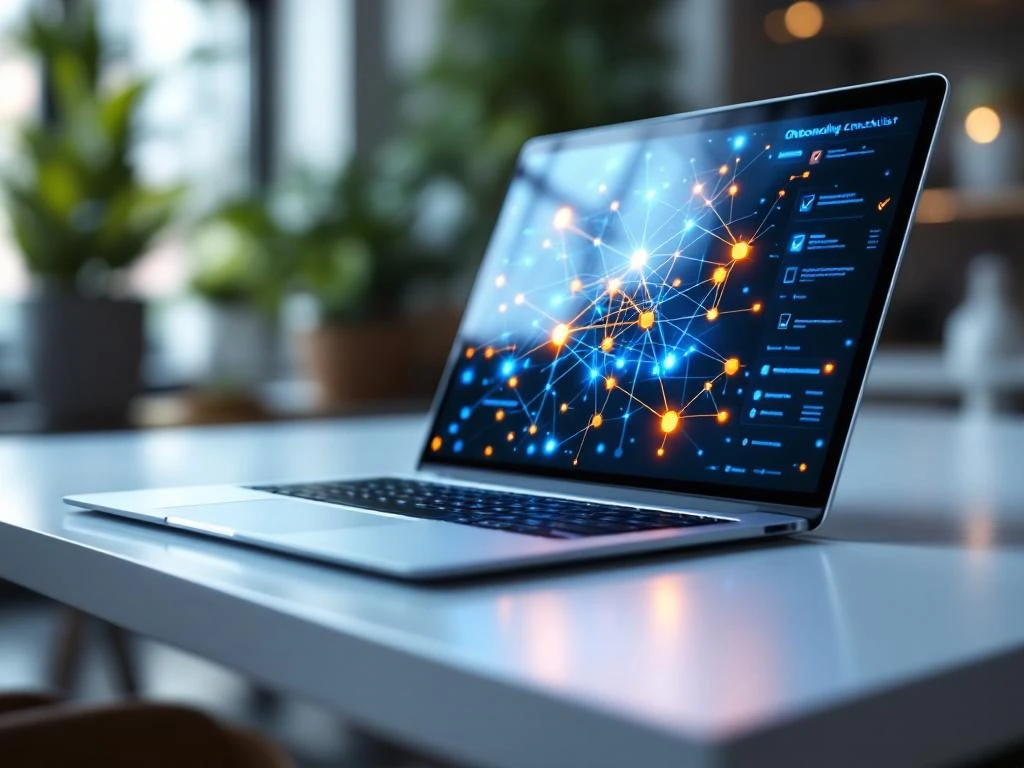 Laptop toont AI neurale netwerk diagram met blauwe en oranje verbindingen, onboarding checklist overlay op wit bureau