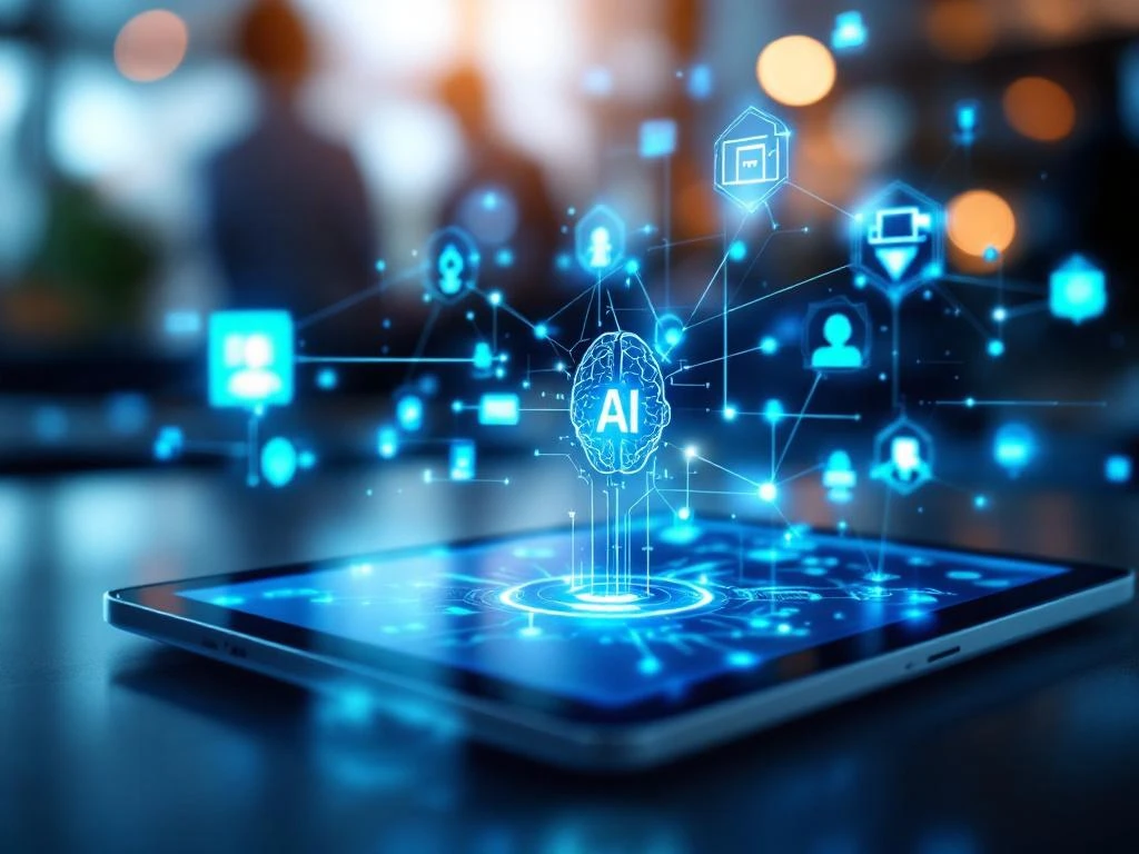 Tablet toont AI neuraal netwerk met blauwe knooppunten en SCORM-symbolen in moderne leeromgeving