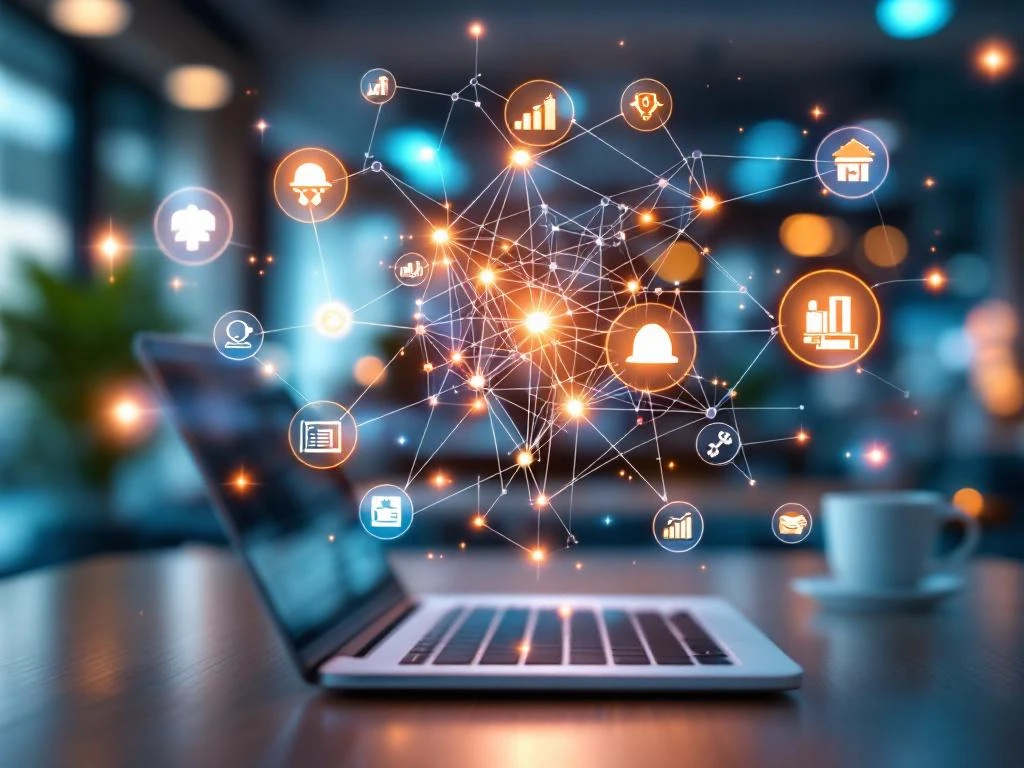 AI neuraal netwerk visualisatie boven laptop met holografische sector-iconen en gloeiende dataknooppunten in moderne omgeving