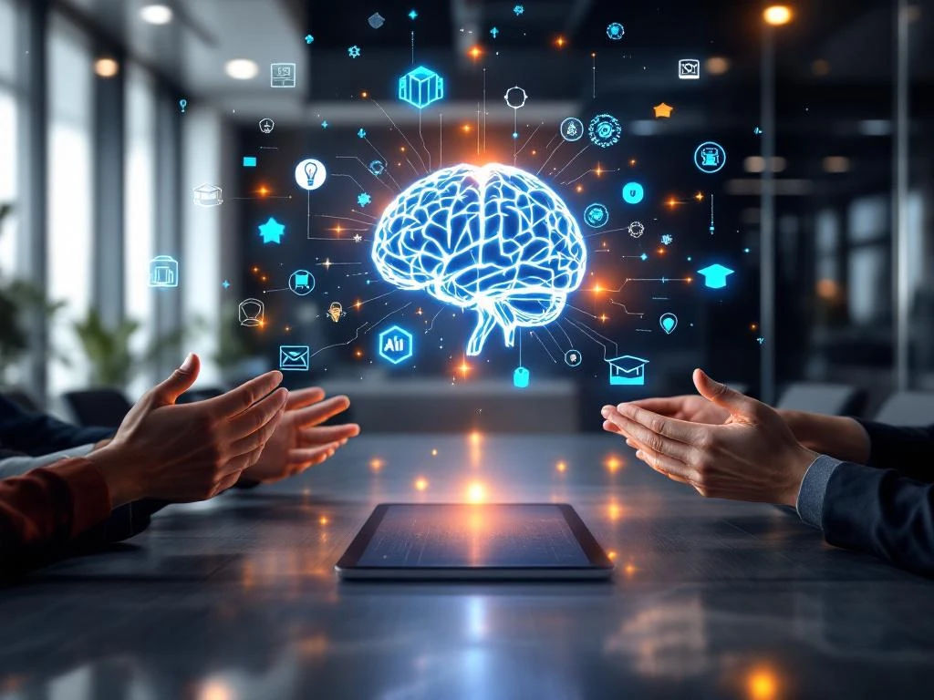 Diverse handen reiken naar holografisch AI-brein symbool met zwevende leerpictogrammen in moderne vergaderruimte