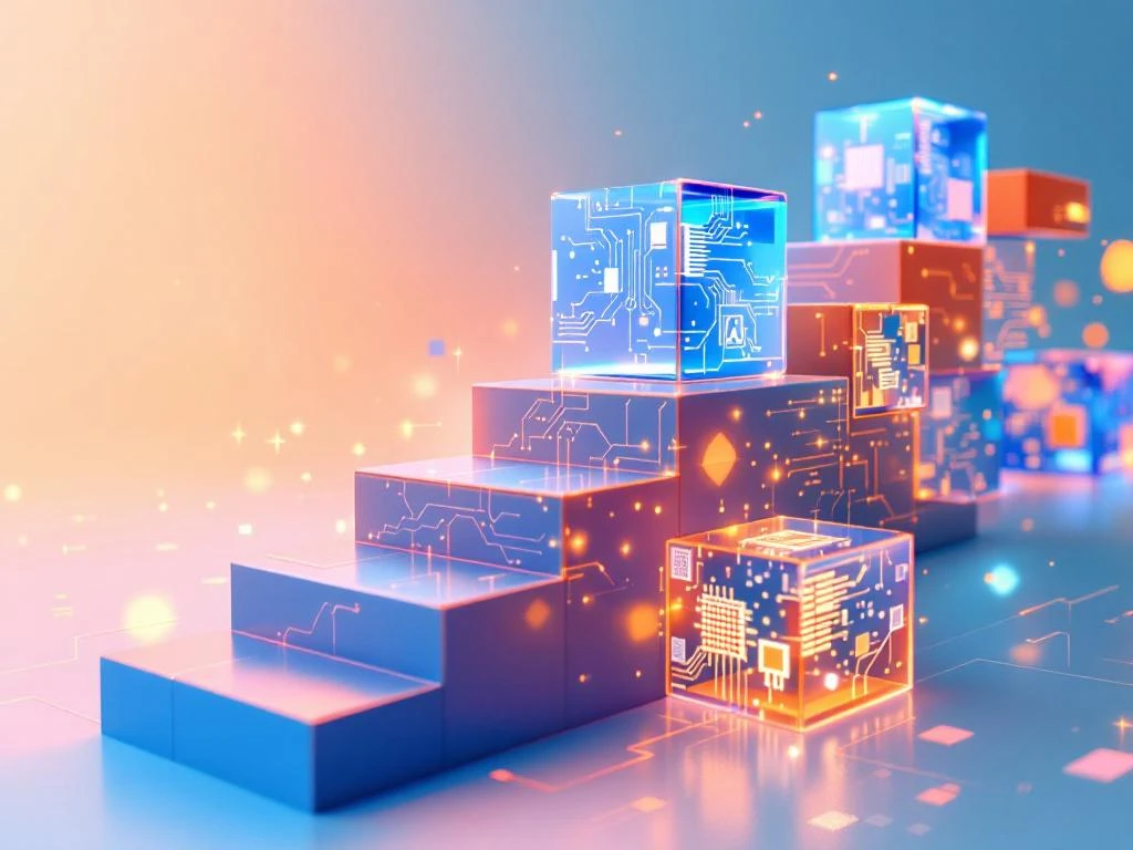 Modulaire leerblokken in blauw en oranje vormen een trap-vormig leerpad met gloeiende AI-circuits voor flexibel onderwijs