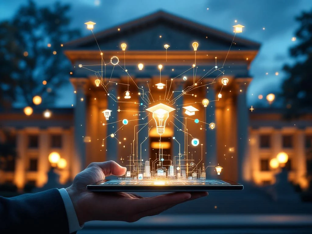 Moderne overheidsgebouw met AI-circuits en tablet met neurale netwerken, holografische onderwijspictogrammen zweven erboven