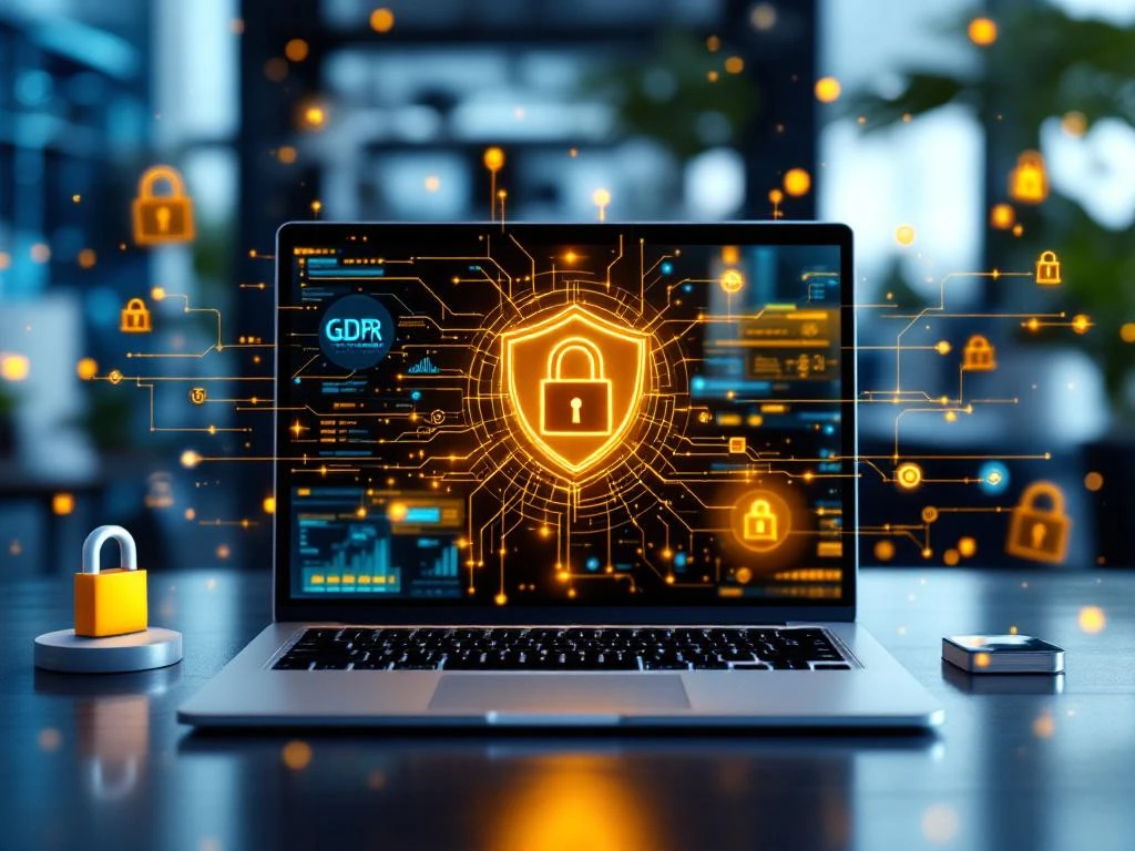 Laptop toont AI neurale netwerk visualisaties met holografische privacy iconen en GDPR compliance symbolen in moderne werkruimte