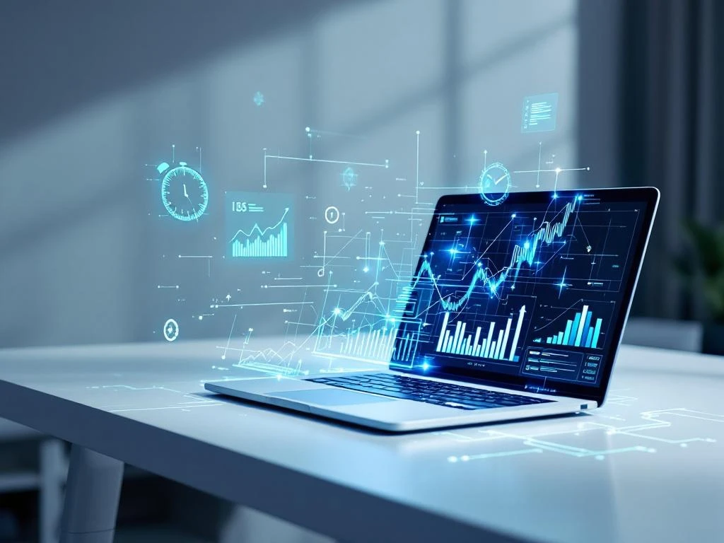 Moderne werkplek met laptop die AI-productiviteitsgrafieken toont, holografische data en prestatiemetrieken zwevend erboven