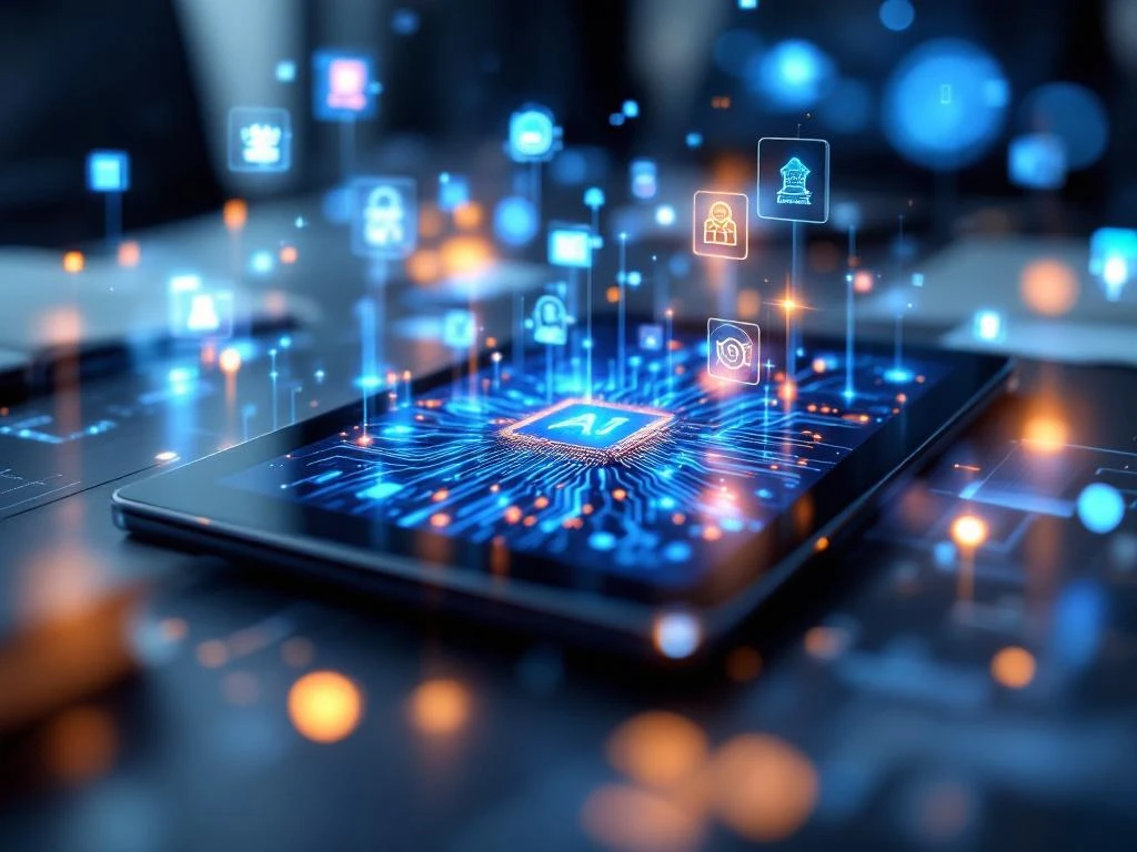 Tablet met AI-circuits omringd door holografische juridische documenten en regelgevingssymbolen in moderne werkruimte